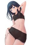  1girl absurdres arm_up black_hair black_sports_bra blue_eyes border brand_name_imitation breasts calvin_klein check_commentary commentary commentary_request commission curvy dolphin_shorts eyelashes gridman_universe gridman_universe_(film) hair_over_shoulder hand_in_own_hair hand_on_own_thigh highres lips looking_at_viewer midriff navel sasasa_r_23 scrunchie short_shorts shorts simple_background skeb_commission small_breasts smile sports_bra ssss.gridman stomach sweat takarada_rikka thighs white_background wide_hips wrist_scrunchie 
