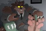 4_fingers annoyed anthro canid canine claws clothing controller countershade_feet countershading feet fingers foot_focus goosebumps hikazedragon humanoid_feet inside living_room male mammal pawpads paws pink_pawpads plantigrade remote_control ripped_sofa scratches shadow sharp_teeth signature soles solo teeth torn_clothing tv_remote were werecanid werecanine werewolf yellow_sclera