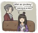  1boy 1girl ace_attorney ascot blunt_bangs brown_hair commentary controller curtained_hair english_commentary english_text fizzi_ly game_controller grey_hair highres jacket japanese_clothes jewelry kimono long_hair long_sleeves magatama magatama_necklace maya_fey miles_edgeworth necklace open_mouth pink_kimono purple_jacket red_jacket short_hair smile speech_bubble white_ascot wii_remote 