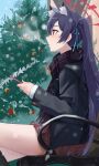  1girl absurdres animal_ear_fluff animal_ears black_jacket black_scarf blue_archive blue_hair blue_ribbon blurry cat_ears cellphone christmas christmas_tree commentary_request depth_of_field extra_ears from_side hair_ribbon highres holding holding_phone jacket long_hair long_sleeves looking_to_the_side ni_de_pengyou on_bench open_mouth phone pink_skirt plaid plaid_scarf pleated_skirt red_eyes ribbon scarf school_uniform serika_(blue_archive) sitting skirt smartphone snowing solo thighs twintails 