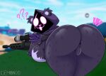 ?! absurd_res all_fours anthro anus bear big_breasts big_butt black_body black_fur bottomless breasts butt clothed clothing female fur genitals gun hi_res holding_gun holding_object holding_weapon hood looking_at_viewer looking_back looking_back_at_viewer lying mammal on_front on_grass paindemonoidsex purple_eyes pussy ranged_weapon raven_team_leader rear_view rifle sniper_rifle solo tailless weapon