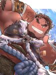  1boy armor bara biceps black_nails brown_eyes brown_hair chinese_armor cow_boy cow_horns dark-skinned_male dark_skin facial_hair flexing forked_eyebrows fur-trimmed_armor fur_trim goatee grin highres horns jewelry long_sideburns male_focus muscular muscular_male one_eye_closed plump ring satou_shouhei short_hair sideburns smile solo tetsuox_(housamo) thick_eyebrows thumbs_up tokyo_afterschool_summoners v-shaped_eyebrows 