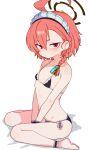  1girl absurdres barefoot bikini black_bikini breasts highres lolio looking_at_viewer neru_(blue_archive) red_eyes red_hair sitting small_breasts soles solo swimsuit toes 