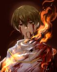  1boy achenyinmeiyouqingshang40916 bleeding_from_forehead blood blood_from_eyes blood_on_clothes blood_on_face brown_hair burning capelet chinese_commentary commentary_request crying crying_with_eyes_open dying fire gold_trim hair_between_eyes highres jabuchi_you looking_at_viewer male_focus saibou_shinkyoku shirt short_hair solo tears white_capelet white_shirt 