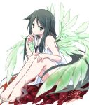  1girl bare_arms barefoot black_hair blood commentary dress flat_chest from_side full_body green_eyes green_wings hand_on_own_knee hand_up highres knees_up leaning_forward long_hair looking_at_viewer parted_bangs parted_lips playing_with_own_hair saya_(saya_no_uta) saya_no_uta sidelocks signature simple_background sitting sleeveless sleeveless_dress solo sundress thighhighs toes twitter_username usetsusakon2 very_long_hair white_background white_dress wings 