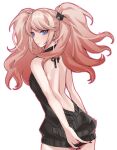  1girl absurdres alternate_costume bare_arms bare_back bear_hair_ornament black_sweater blonde_hair blue_eyes cowboy_shot danganronpa:_trigger_happy_havoc danganronpa_(series) earrings enoshima_junko hair_ornament highres hy_(fjvlg) jewelry looking_at_viewer looking_to_the_side meme_attire simple_background solo sweater twintails virgin_killer_sweater white_background 