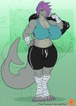  2017 anthro arm_wraps bag big_breasts bra breasts bulge claws cleavage clothed clothing dickgirl fish gym_bag hair hairclip hand_on_hip intersex leg_wraps marine patreon purple_hair shark short_hair shorts solo sports_bra toe_claws underwear veyll vishka wraps zoom_layer 