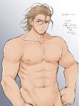  1boy abs absurdres achilles_(crave_saga) bara brown_eyes brown_hair closed_mouth collarbone cowboy_shot crave_saga facial_hair frown goatee hair_between_eyes hair_slicked_back higemaccho highres looking_at_viewer male_focus muscular muscular_male nipples pectorals short_hair simple_background solo stubble translation_request veins veiny_arms 