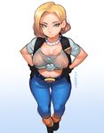  android_18 areolae artist_name belt black_gloves blonde_hair blue_eyes breasts cleavage covered_nipples denim dragon_ball dragon_ball_z frown gloves hands_on_hips highres jeans jewelry large_breasts looking_at_viewer midriff navel necklace nipples pants pearl_necklace see-through shirt solo talez01 thigh_gap tied_shirt vest wet wet_clothes wet_shirt 