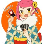  1girl blue_kimono blush bright_pupils brown_eyes card fang fur-trimmed_kimono fur_trim holding holding_card japanese_clothes kimono kumatora mother_(game) mother_3 open_mouth pink_hair shifumame short_hair solo translation_request upper_body white_pupils wide_sleeves yukata 