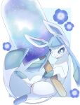  animal_focus artist_name blue_background blue_eyes blue_flower border closed_mouth commentary_request flower food glaceon gradient_background highres iwasi_29 no_humans pokemon pokemon_(creature) popsicle prehensile_hair smile twitter_username white_border 