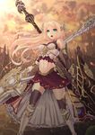  armor black_legwear blonde_hair breasts eyebrows_visible_through_hair fantasy green_eyes highres holding holding_sword holding_weapon large_breasts long_hair looking_at_viewer navel open_mouth original red_skirt skirt solo sword teraguchi thighhighs weapon 