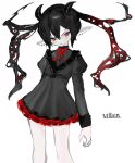  1girl black_dress black_hair black_horns blush closed_mouth dress ear_piercing english_text hair_between_eyes highres horns long_hair long_sleeves looking_at_viewer original pale_skin piercing pointy_ears red_eyes red_hair short_dress simple_background solo waonwaowao3 white_background 