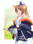  1girl absurdres animal_ears arknights blue_bow blue_jacket blush bow breasts brown_hair cowboy_shot dress fox_ears fox_girl fur-trimmed_jacket fur_trim hair_bow highres holding holding_watering_can jacket long_hair looking_at_viewer off_shoulder open_clothes open_jacket open_mouth perfumer_(arknights) ponytail redeye_tmirm sleeveless sleeveless_dress small_breasts solo striped striped_bow watering_can white_dress yellow_eyes 
