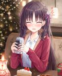  1girl :d ^_^ absurdres black_hair blurry blurry_background blush braid cafe_stella_to_shinigami_no_chou cake cake_slice can candle casual cc_lin chinese_commentary christmas christmas_tree closed_eyes coat collared_shirt commentary earrings elbows_on_table english_commentary eyelashes facing_viewer flower food fruit fur-trimmed_hood fur_trim hair_between_eyes hair_flower hair_ornament hair_ribbon hands_up happy heart highres holding holding_can hood hood_down indoors jewelry long_hair mixed-language_commentary mole mole_under_eye nail_polish notice_lines official_alternate_costume open_clothes open_coat open_mouth pink_nails pink_ribbon red_coat ribbon rose shiki_natsume shirt side_braid sitting smile snowflake_necklace snowflakes solo sparkle straight_hair strawberry stud_earrings upper_body very_long_hair white_flower white_rose white_shirt 
