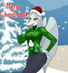 5_fingers amber_(gem) amber_(material) amber_eyes anthro blue_body blue_scales bone_frill bottomwear breasts christmas christmas_clothing christmas_headwear christmas_sweater christmas_topwear clothed clothing colored coniferous_tree detailed_background doomed_predator english_text eyeshadow fang_(gvh) feathered_wings feathers female fingers frill_(anatomy) goodbye_volcano_high grey_body grey_feathers hair hand_on_hip hat headgear headwear hi_res holidays landscape_background looking_at_viewer makeup open_mouth open_smile outside pants pendant plant pose pterodactylus pterosaur reptile santa_hat scales scalie short_tail silver_hair smile snoot_game snout snow solo standing sweater tail text topwear tree wings