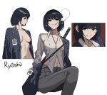  1girl absurdres black_hair black_pants blue_coat breasts coat collared_shirt highres id_card lclca limbus_company looking_at_viewer medium_breasts multiple_views navel ootachi pants parted_lips project_moon red_eyes ryoshu_(project_moon) shirt short_hair simple_background smile smoking white_background white_shirt wing_collar 