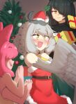  3girls ahoge bare_shoulders belt black_hair blush christmas christmas_present christmas_tree claws dress extra_arms feathered_wings gift grey_feathers grey_hair grey_wings hair_over_one_eye harpy highres medium_hair mono_(sifserf) monster_girl multiple_girls open_mouth original owl_girl pink_hair santa_dress sifserf sleeveless sleeveless_dress winged_arms wings yellow_eyes 