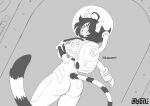 anthro big_breasts big_butt black_hair breasts butt clothing cowlick cyberpunk eirwen_vaan felid female grey_background hair holding_strap hollandworks lazydez looking_at_viewer looking_back looking_back_at_viewer mammal monochrome oxygen_tank pantherine science_fiction signature simple_background snow_leopard solo space_helmet spacesuit tight_clothing