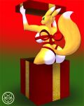 4:5 anthro bandai_namco blue_eyes bow_ribbon breasts butt canid canine christmas christmas_gift digimon digimon_(species) female fox fur hi_res holidays looking_at_viewer mammal mike_santos multicolored_body multicolored_fur raised_tail renamon ribbon_round_body side_boob simple_background smile smiling_at_viewer solo tail white_body white_fur yellow_body yellow_fur