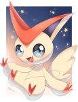  animal_focus artist_name blue_background blue_eyes border brown_fur commentary_request fang gradient_background highres iwasi_29 no_humans open_mouth orange_background pokemon pokemon_(creature) smile tail twitter_username victini white_border 