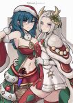  2girls absurdres antlers arm_around_waist blue_eyes blue_hair breasts brooch byleth_(female)_(fire_emblem) byleth_(female)_(frosty_professor)_(fire_emblem) byleth_(fire_emblem) cape chascoby commentary_request edelgard_von_hresvelg edelgard_von_hresvelg_(snowfall_future) english_commentary fake_antlers fire_emblem fire_emblem:_three_houses fire_emblem_heroes gloves hat highres holly jewelry large_breasts long_hair looking_at_viewer medium_hair multiple_girls navel official_alternate_costume pantyhose red_cape red_thighhighs reindeer_antlers santa_hat small_breasts smile thighhighs white_gloves white_hair 