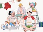  4boys ^_^ antlers black_hair blonde_hair blue_pants bubble closed_eyes commentary crossed_legs curly_eyebrows goatee_stubble goggles goggles_around_neck green_shirt hair_over_one_eye hat highres hocpoc ladder laundry laundry_basket looking_up male_focus monkey_d._luffy multiple_boys mustache_stubble one_piece open_clothes open_shirt pants red_shirt reindeer_antlers sandals sanji_(one_piece) scar scar_on_face shirt shorts simple_background sitting smile straw_hat striped striped_shirt tony_tony_chopper usopp washing_clothes white_background wristband 