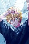  1boy blonde_hair blue_eyes blue_shirt broken_glass glass hair_between_eyes highres hoshino_aquamarine male_focus marillust open_mouth oshi_no_ko shirt short_hair star-shaped_pupils star_(symbol) symbol-shaped_pupils 