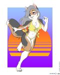 anthro bikini bikini_bottom bikini_top breasts brown_body brown_fur canid canine canis cheek_tuft chest_tuft cleavage clothed clothing colored digital_media_(artwork) dipstick_tail facial_tuft female flat_colors foxboy83 full-length_portrait fur grey_body grey_fur grey_hair hair hi_res jackal long_hair mammal markings midriff navel portrait purple_eyes running simple_background solo swimwear tail tail_markings tuft white_body white_fur yellow_bikini yellow_clothing yellow_swimwear