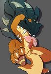  2017 anthro balls canine digital_media_(artwork) dragon duo eating erection fox fur hi_res horn looking_at_viewer male mammal nude open_mouth oral_vore paws penis saliva simple_background tongue vore yeenr 