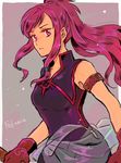  armband breasts character_name copyright_name cowboy_shot dress expressionless fire_emblem fire_emblem:_seima_no_kouseki gloves long_hair looking_at_viewer marica_(fire_emblem) medium_breasts noshima ponytail purple_eyes purple_hair sash sleeveless sleeveless_dress solo 