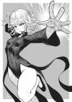  1girl absurdres breasts covered_navel curly_hair dress greyscale highres monochrome one-punch_man outstretched_arms parted_lips short_hair side_slit small_breasts solo speedl00ver tatsumaki 