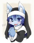 anthro black_clothing blue_body blue_eyes blue_fur blue_hair canid canine canis clothing cross cyaveil_(rmtwo) female fur hair low_res mammal nun prey religion rmtwo solo white_clothing wolf