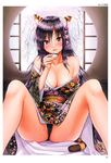  absurdres animal_ears architecture bare_legs bare_shoulders bare_tree black_hair black_kimono black_panties blush breasts choko_(cup) cleavage collarbone cup east_asian_architecture flower hair_flower hair_ornament highres holding holding_cup japanese_clothes kimono large_breasts long_hair looking_at_viewer mikuni_mizuki open_clothes open_kimono panties red_eyes sitting sitting_on_floor snow solo spread_legs striped_tail tail tiger_ears tiger_tail toranoana tree underwear 
