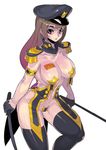  absurdres black_legwear breasts brown_eyes brown_hair cleavage collarbone dual_wielding epaulettes fengmo hat highres holding large_breasts lips long_hair mole riding_crop simple_background solo thighhighs thighs white_background 