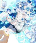  1girl blue_flower boots brown_footwear closed_mouth commentary_request flower from_above grey_eyes head_wreath highres inkling inkling_girl jacket long_hair nekoolantern pointy_ears sitting sleeves_past_wrists smile snowflakes solo splatoon_(series) splatoon_3 tentacle_hair water white_hair white_jacket 