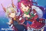  1boy 1girl akaba_ray christmas christmas_outfit costume dress duo gold_eyes multicolored_hair open_mouth purple_eyes scarf spiky_hair sweater wink yu-gi-oh! yuu-gi-ou_arc-v zarc_(yuu-gi-ou_arc-v) 
