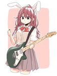  :3 animal_ears blush bow bunny_ears cowboy_shot electric_guitar furuya_reina guitar highres instrument kemonomimi_mode long_hair makoto_distortion matsuda_hikari pink_eyes pink_hair pleated_skirt plectrum school_uniform skirt solo 