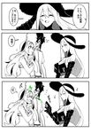  2girls 3koma :d :o absurdres admiral_(kantai_collection) aircraft_carrier_summer_oni anger_vein arm_hug blush closed_eyes comic eighth_note gauntlets hairband hat hetero highres jealous kantai_collection long_hair monochrome multiple_girls musical_note o_o open_mouth original shoukaku_(kantai_collection) smile speech_bubble spoken_anger_vein spot_color swimsuit translated v-shaped_eyebrows water_gun wulazula 
