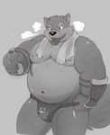  2017 absurd_res anthro bulge canine clothing dog drinks fundoshi grey_background greyscale hi_res japanese_clothing kusunagi male mammal monochrome moritaka musclegut muscular muscular_male overweight overweight_male simple_background slightly_chubby solo tokyo_afterschool_summoners tongue tongue_out underwear 