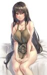  1girl apron bare_arms bare_shoulders black_hair blush breasts brown_apron cleavage closed_mouth collarbone commentary_request hair_between_eyes highres kantai_collection kokuzou large_breasts long_hair looking_at_viewer nagato_(kancolle) naked_apron red_eyes sitting solo thighs 