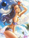  1girl artist_name ass black_gloves black_hair blue_eyes blue_hair blue_sky breasts closed_mouth cloud dark-skinned_female dark_skin earrings eyelashes gloves highres holding holding_poke_ball hoop_earrings instagram_logo jewelry long_hair looking_at_viewer midniteblueart multicolored_hair nessa_(pokemon) palm_tree patreon_logo poke_ball poke_ball_(basic) pokemon pokemon_swsh signature sky smile streaked_hair tree twitter_logo two-tone_hair water 