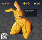 absurd_res anthro big_butt blush buckteeth bulge butt detailed_background dialogue_box english_text fur girly glistening glistening_body hands_on_legs hi_res joy137 kneeling lagomorph leporid male mammal mario_bros mips narrowed_eyes nintendo rabbit solo solo_focus teeth text thick_thighs yellow_body yellow_fur