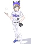  1girl 36.5 alternate_costume animal_ears baseball baseball_cap baseball_mitt baseball_uniform blue_eyes blue_headwear brown_hair cheval_grand_(umamusume) hair_between_eyes hat highres horse_ears horse_girl looking_at_viewer multicolored_hair nippon_professional_baseball purple_headwear short_sleeves simple_background smile solo sportswear streaked_hair umamusume white_background white_hair yokohama_dena_baystars 