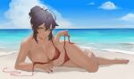  1girl absurdres ahoge arm_support barefoot beach bikini black_hair breasts brown_eyes cloud cloudy_sky dark-skinned_female dark_skin full_body hair_bun highres hongdou_00 looking_at_viewer lying nail_polish navel original outdoors parted_lips red_bikini red_nails sand single_hair_bun sky solo swimsuit untied_bikini water 