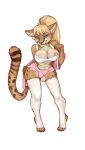 absurd_res anthro areola balls biped blonde_hair breasts clothed clothing cougar ear_piercing ear_ring felid feline fingers genitals gynomorph hair hi_res intersex mammal nipples piercing ring_piercing simple_background solo sweltering tail white_background