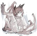  1boy :| animal_feet animal_hands brown_eyes brown_hair brown_horns brown_scales brown_wings child claws closed_mouth dragon_boy dragon_horns dragon_tail dragon_wings full_body hair_between_eyes horns leg_up long_sleeves looking_to_the_side low_wings male_focus monster_boy mullmull02 multiple_horns original pale_color pointy_ears scales shirt short_hair shorts simple_background sitting slit_pupils solo tail taras-kun white_background wings 