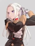  1girl ascot bright_pupils closed_mouth commentary_request edelgard_von_hresvelg eyelashes fire_emblem fire_emblem:_three_houses garreg_mach_monastery_uniform gloves grey_background highres long_hair purple_eyes sakura_no_yoru simple_background solo tying_hair white_ascot white_gloves white_hair white_pupils 