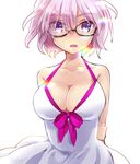  bad_id bad_pixiv_id bare_shoulders bow breasts cleavage dress eyebrows_visible_through_hair fate/grand_order fate_(series) glasses halterneck hane_yuki large_breasts lavender_hair looking_at_viewer mash_kyrielight open_mouth purple_eyes semi-rimless_eyewear short_hair smile solo sundress under-rim_eyewear white_background 