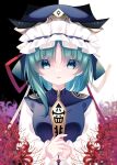  1girl asymmetrical_hair blue_vest cacao_(cacaomgmg) commentary epaulettes flower frilled_hat frills green_eyes green_hair hat highres long_sleeves looking_at_viewer medium_hair open_mouth red_flower rod_of_remorse shiki_eiki solo spider_lily touhou vest 